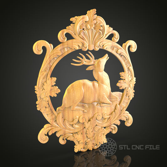 Elegant Deer in Ornate Frame - CNC Carved Wood Wall Art - STL File for Engraving
