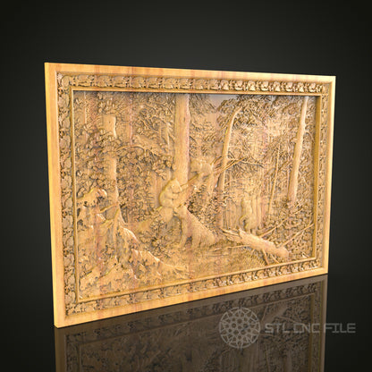 Forest Retreat: Detailed CNC Wood Carving Art, STL Model, Wall Decor