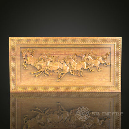 Stampede of Horses CNC Carved Wood Panel, Artcam STL Model for Dynamic Equestrian Decor