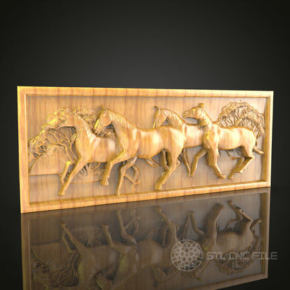Dynamic Galloping Horses CNC Wood Carving, Artcam STL Model for Equestrian Wall Decor