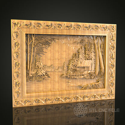 Rustic Cabin Retreat: CNC Carved Forest Scene, STL Model, Decorative Wall Art