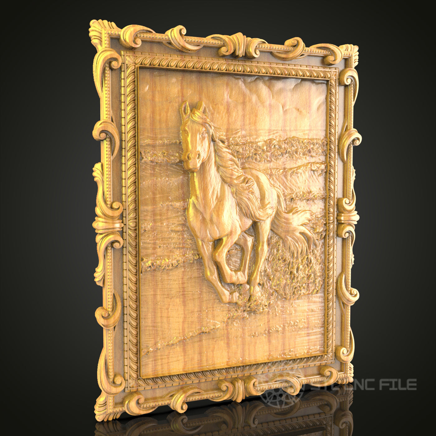 Regal Horse in Motion CNC Carved Wooden Panel, Artcam STL Model for Equestrian Wall Decor