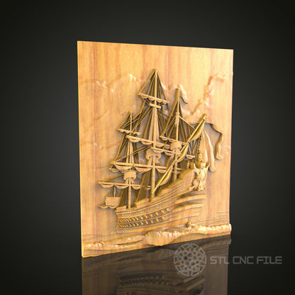 Majestic Sailing Ship CNC Wood Carving, Artcam STL Model for Nautical Wall Decor