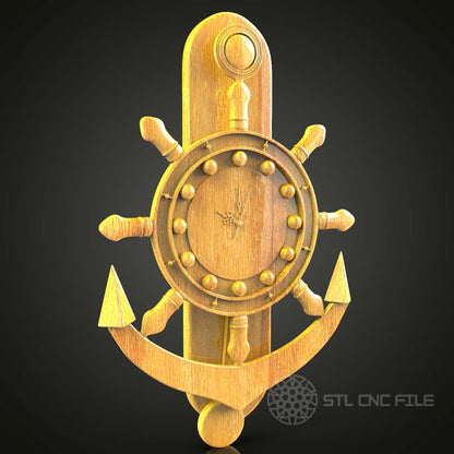 Nautical CNC Carved Wheel Clock, STL Model for Artcam Aspire, Maritime Wall Decor