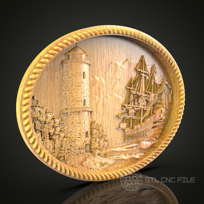 Nautical Lighthouse & Ship Wall Art - CNC Router Engraved, Artcam STL Model, Wood Decor