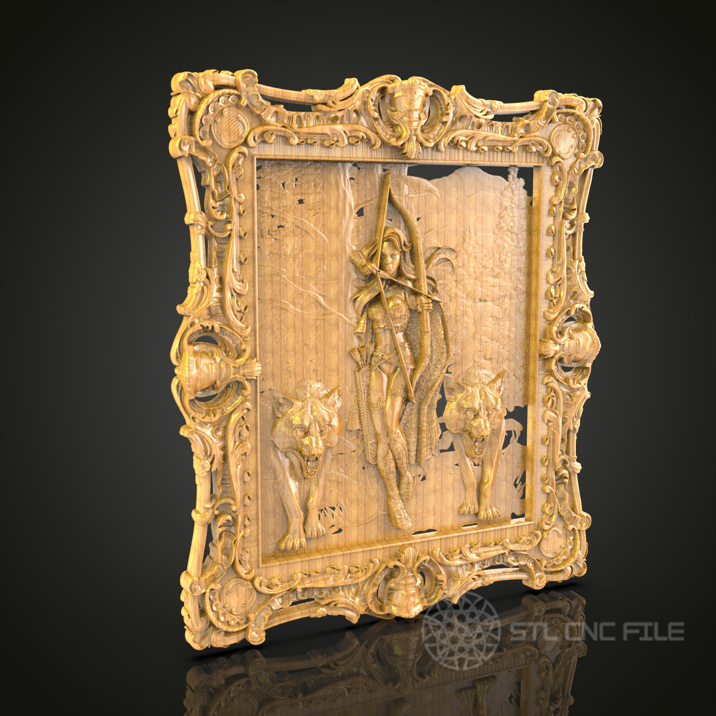 Mythical Warrior and Wolves CNC Carved Panel, Artcam STL Model for Fantasy Wall Decor