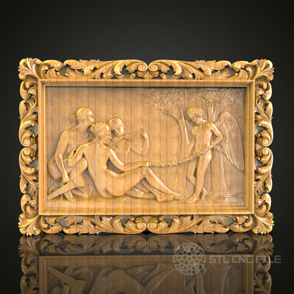 Classical Myths: CNC Carved Nymphs and Satyr, STL Model, Mythological Wall Art