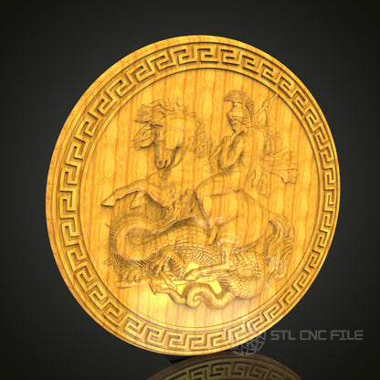Mythical Encounter: CNC Carved Greek Warrior and Dragon, STL Model, Wall Art
