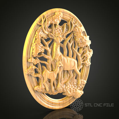 Majestic Deer Forest Scene - CNC Router Engraved Wooden Wall Art, STL Model File Available