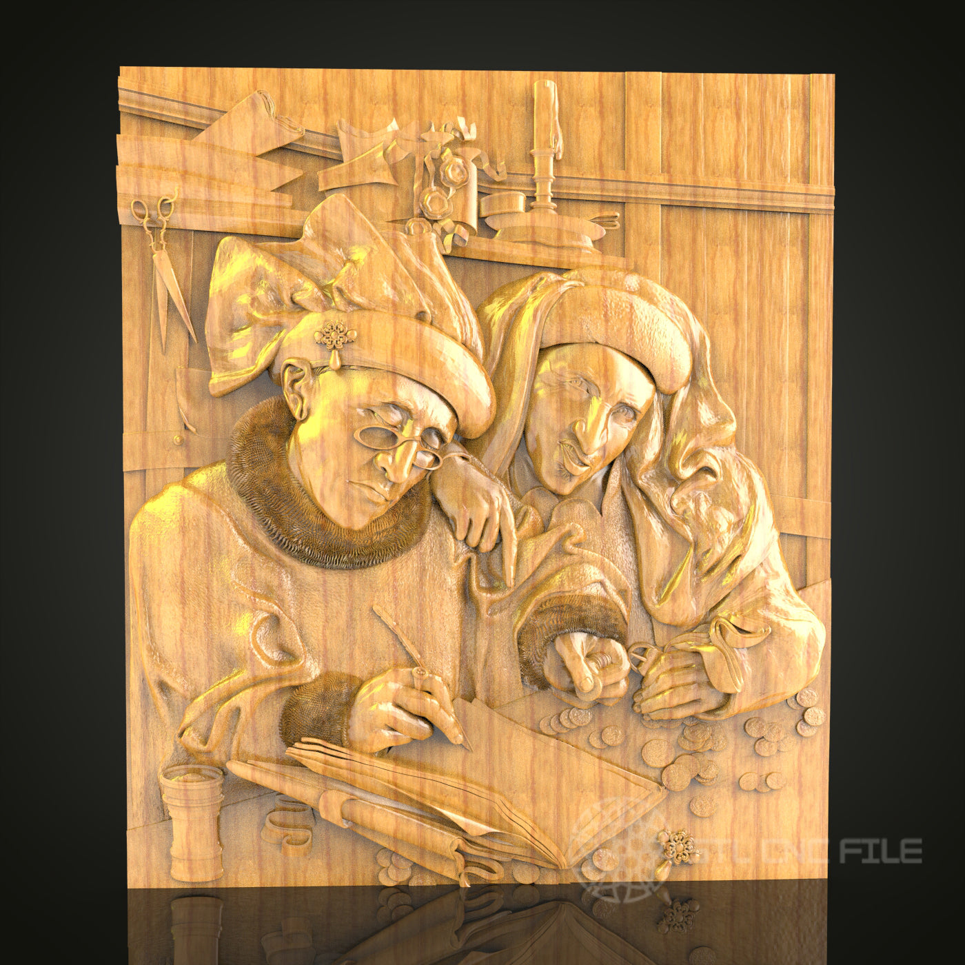 Medieval Scholars: CNC Carved Historical Scene, STL Model, Educational Wall Art