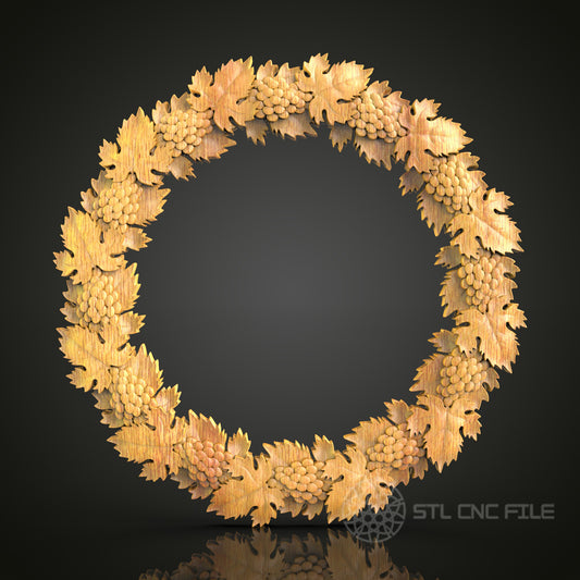 Vineyard Grapevine Circle Frame STL Model for CNC Router, Artcam, Aspire - Rustic Wine Theme Wall Decor, Wood Carving Files