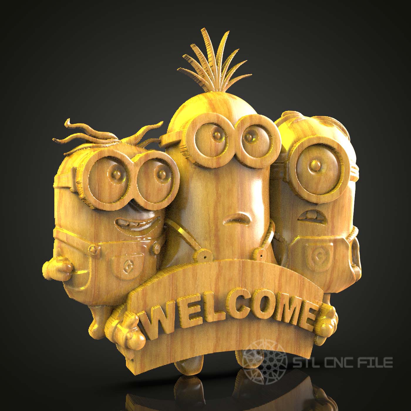 Friendly Trio Welcome Sign STL Model, Fun CNC Engraving, Whimsical Door Decor, Artcam Woodworking File, Aspire Router Project, Home Greeting Art
