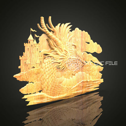 Fantasy Dragon and Castle 3D STL Model, CNC Woodworking File, Engraving Art, Mythical Wall Decor, Router Design for Craftsmen