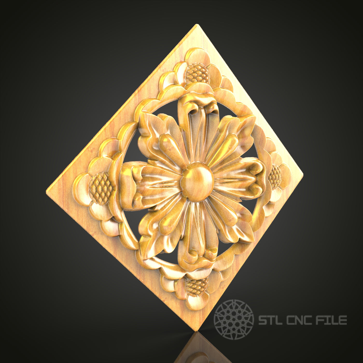 Floral Diamond Medallion STL Model for CNC Router - Artistic Wood Panel, Files for Artcam, Aspire, CNC