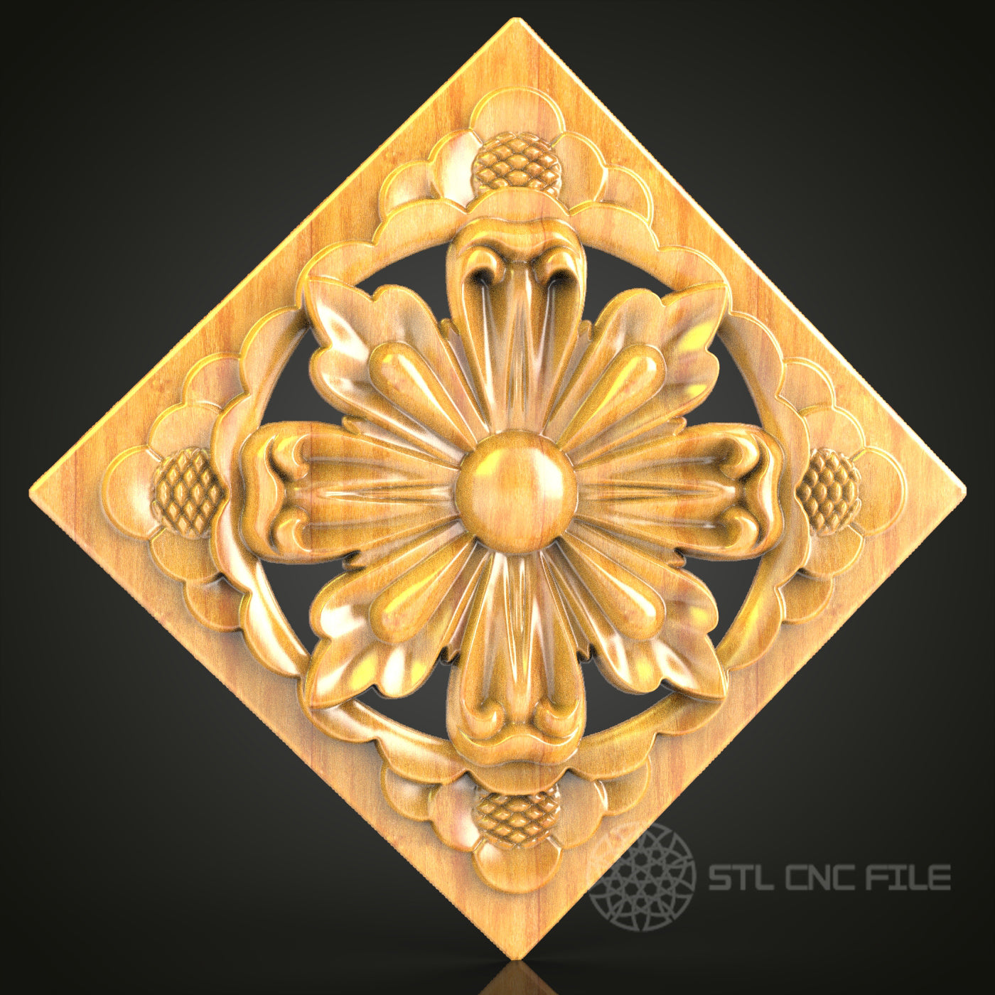 Floral Diamond Medallion STL Model for CNC Router - Artistic Wood Panel, Files for Artcam, Aspire, CNC