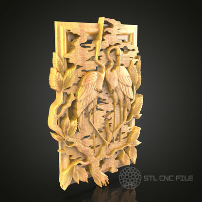 Heron in Marsh Scene 3D STL Model for CNC Router - Intricate Bird Carving Digital File, Elegant Wall Art