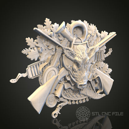 Hunting Trophy STL Model with Boar and Hunting Gear for CNC Router, Artcam, Aspire, Unique Wall Decor