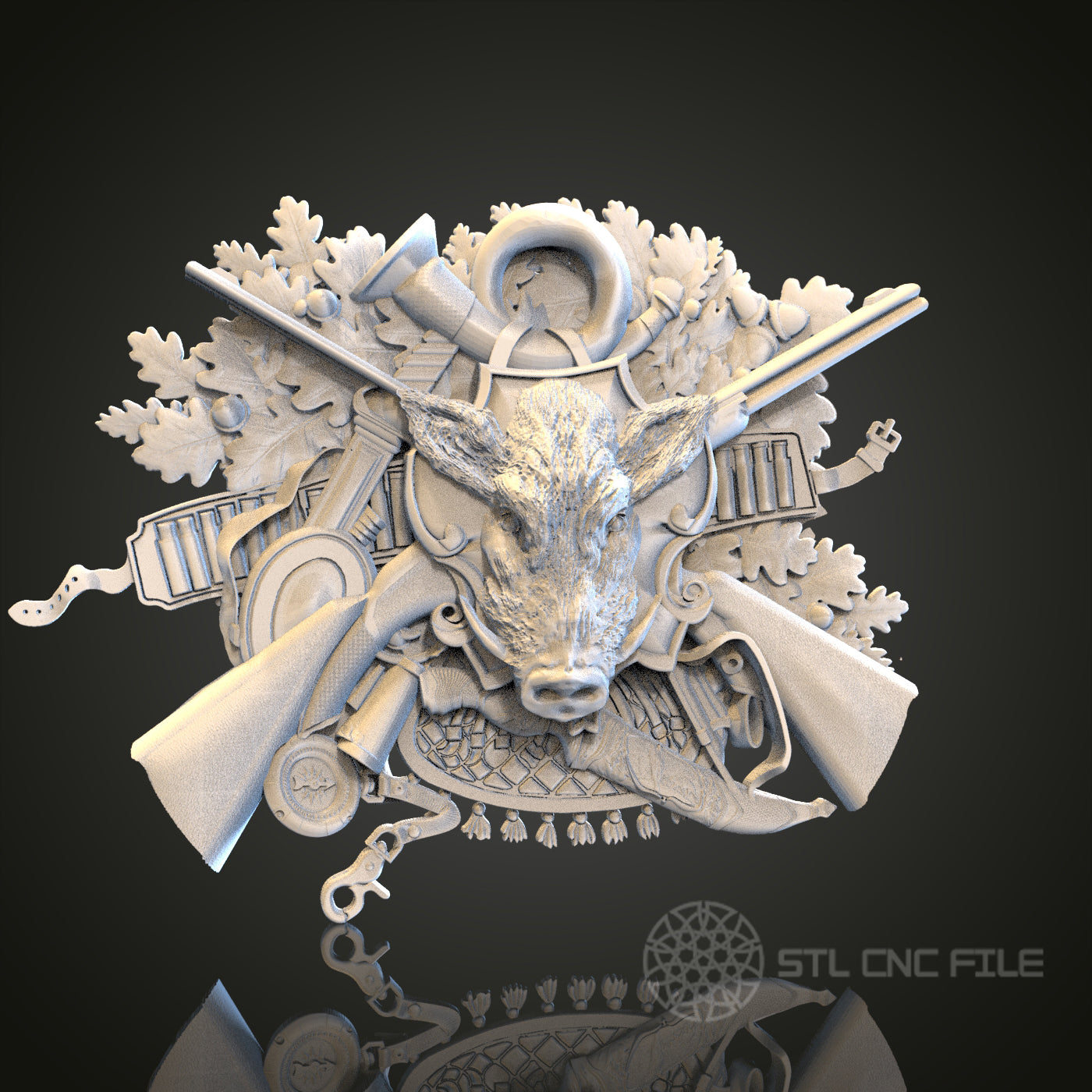 Hunting Trophy STL Model with Boar and Hunting Gear for CNC Router, Artcam, Aspire, Unique Wall Decor