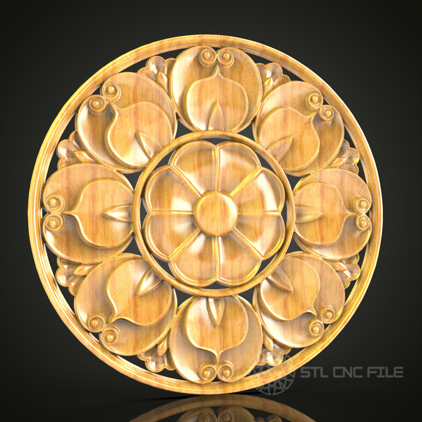 Ornamental Fish & Lotus Circular STL Model for CNC - Artistic Wood Carving, Home Deco