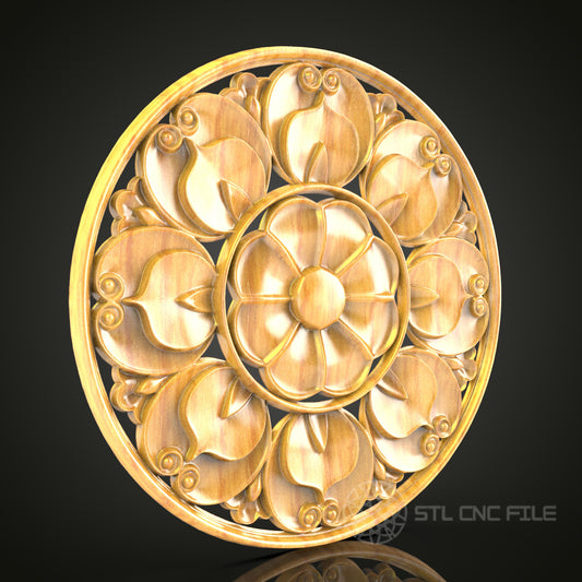 Ornamental Fish & Lotus Circular STL Model for CNC - Artistic Wood Carving, Home Deco