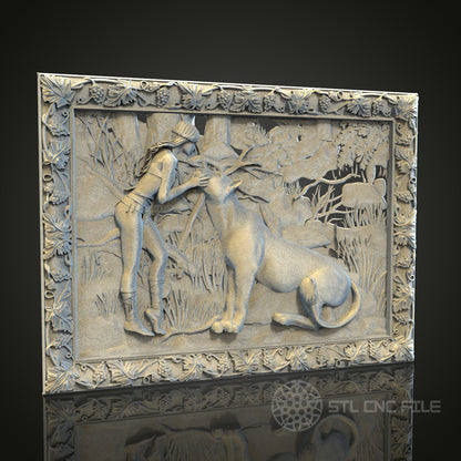 Primitive Hunter and Dog Companionship STL Model for CNC Router, Artcam, Aspire, Wall Art