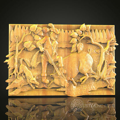 Rustic Hunter & Dogs STL Model, Countryside CNC Carving File, Artcam Aspire Wood Art, Vintage Wall Decor, Hunting Scene CNC Design