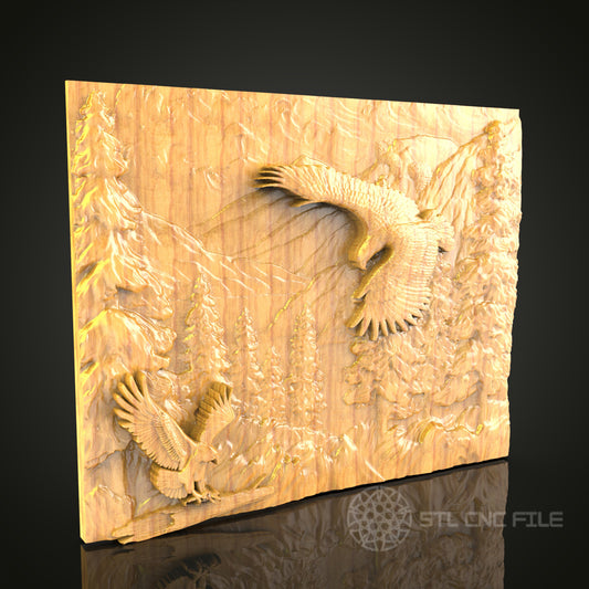 Soaring Eagles Over Forest 3D STL Model for CNC Router - Majestic Bird Carving Digital File, Nature Wall Art