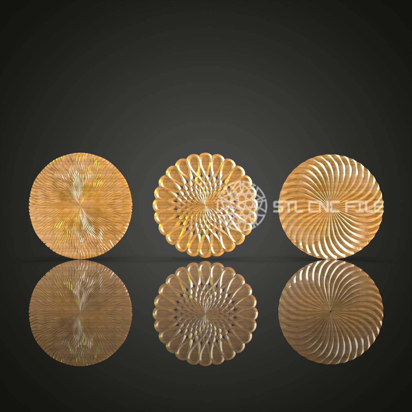 Set of Three Organic Spirals STL Models for CNC, Artistic Wood Carving Designs, Artcam Aspire CNC Files, Nature-Inspired Wall Art, Elegant Home Decor Patterns