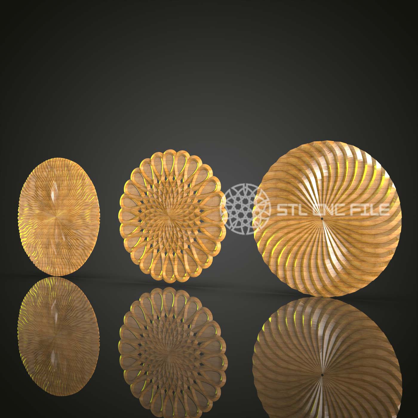 Set of Three Organic Spirals STL Models for CNC, Artistic Wood Carving Designs, Artcam Aspire CNC Files, Nature-Inspired Wall Art, Elegant Home Decor Patterns