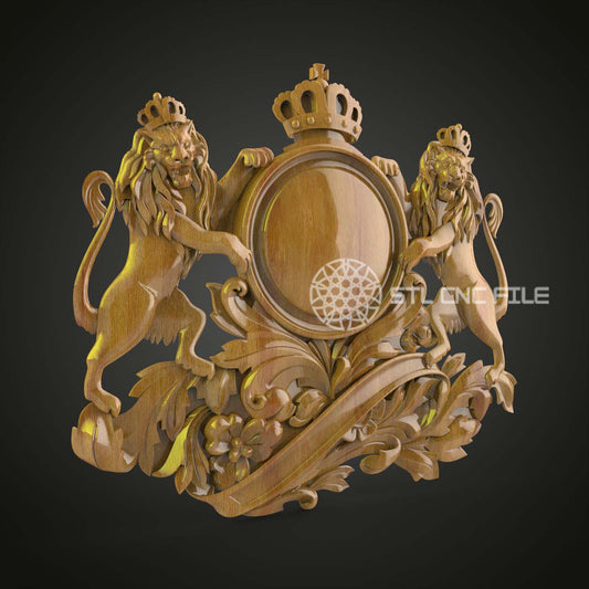 Twin Lions Crest 3D STL Model, CNC Engraving Ready, Fit for Artcam & Aspire, Luxurious Wood Wall Decor and Royal Art Piece