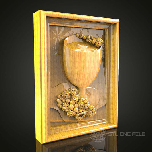 Vineyard Chalice STL Model, CNC Wood Carving File, Wine Lover's Artcam Aspire Decor, Grapes & Goblet Wall Art, Fine CNC Router Detailing