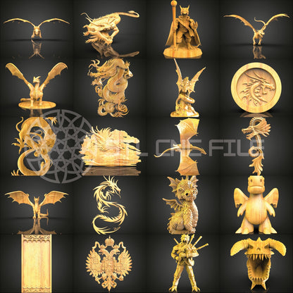 Ultimate 56-Piece Dragon Pack STL Models for CNC, Artcam Aspire Router Files, Mythical Dragon Wood Art Collection, Wall Decor CNC Engraving