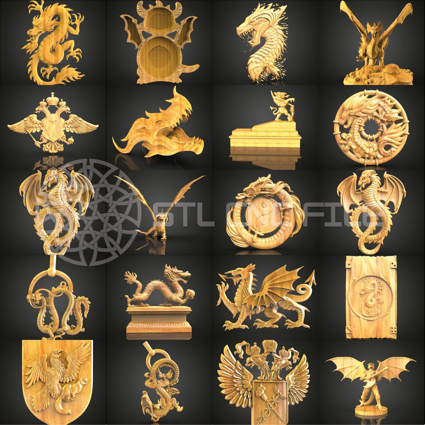 Ultimate 56-Piece Dragon Pack STL Models for CNC, Artcam Aspire Router Files, Mythical Dragon Wood Art Collection, Wall Decor CNC Engraving