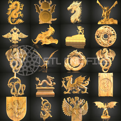 Ultimate 56-Piece Dragon Pack STL Models for CNC, Artcam Aspire Router Files, Mythical Dragon Wood Art Collection, Wall Decor CNC Engraving