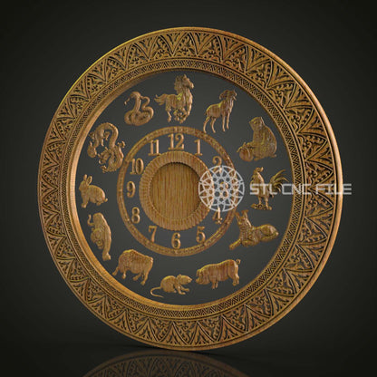 Zodiac Animals Clock STL Model - CNC Router Engraving Files for Astrological Wall Art, Artcam Aspire Compatible