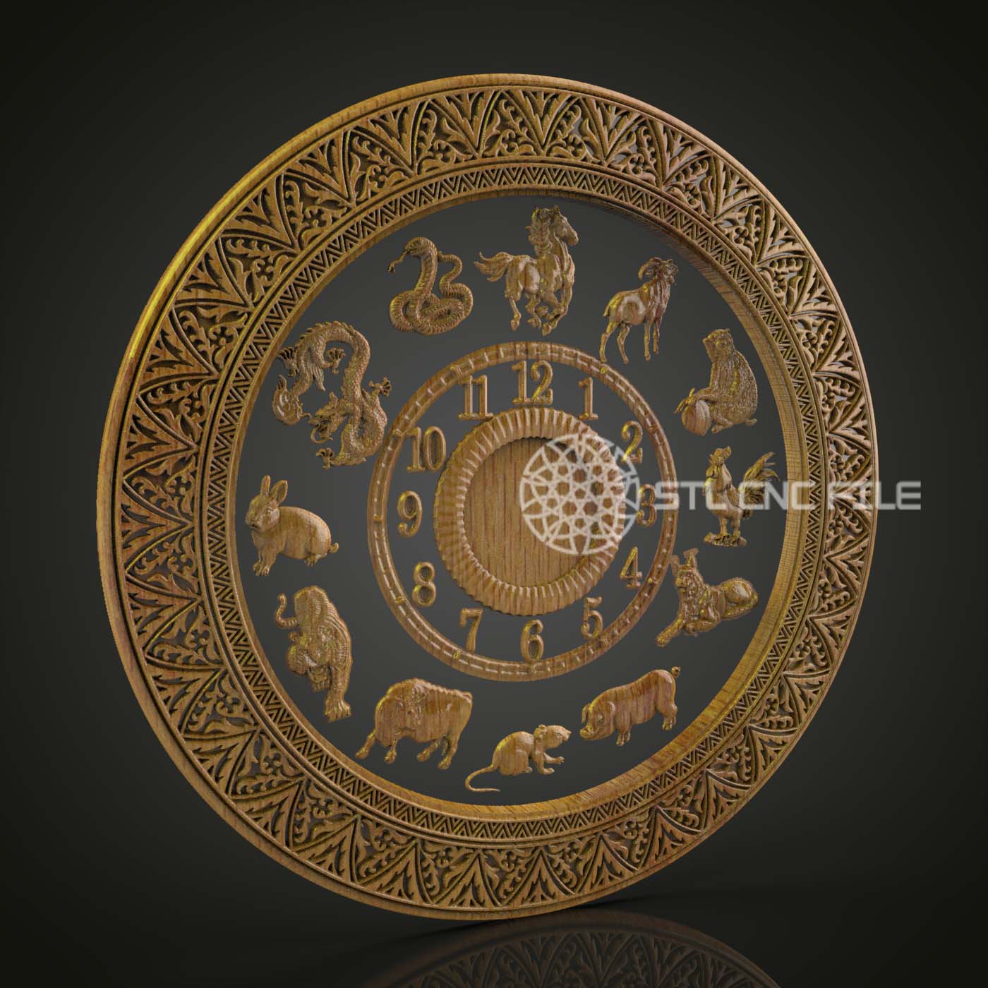Zodiac Animals Clock STL Model - CNC Router Engraving Files for Astrological Wall Art, Artcam Aspire Compatible