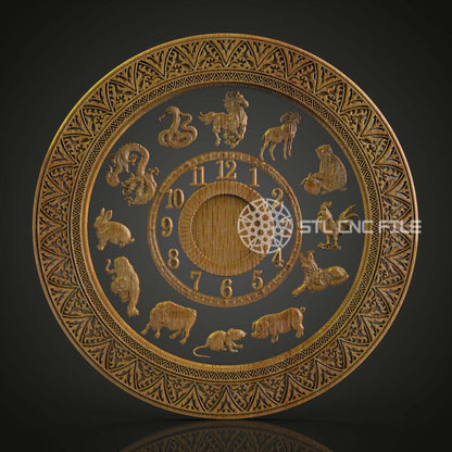 Zodiac Animals Clock STL Model - CNC Router Engraving Files for Astrological Wall Art, Artcam Aspire Compatible