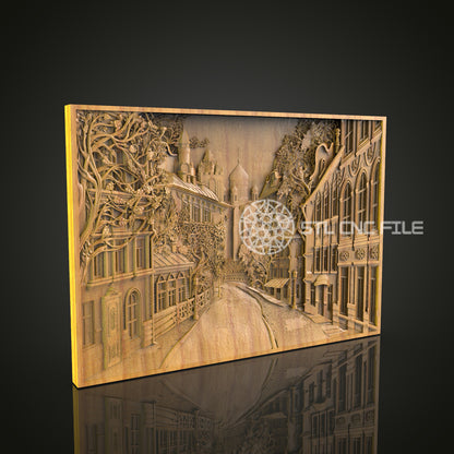 Fantastical Architectural CNC Wall Art - Detailed Streetscape Wood Engraving