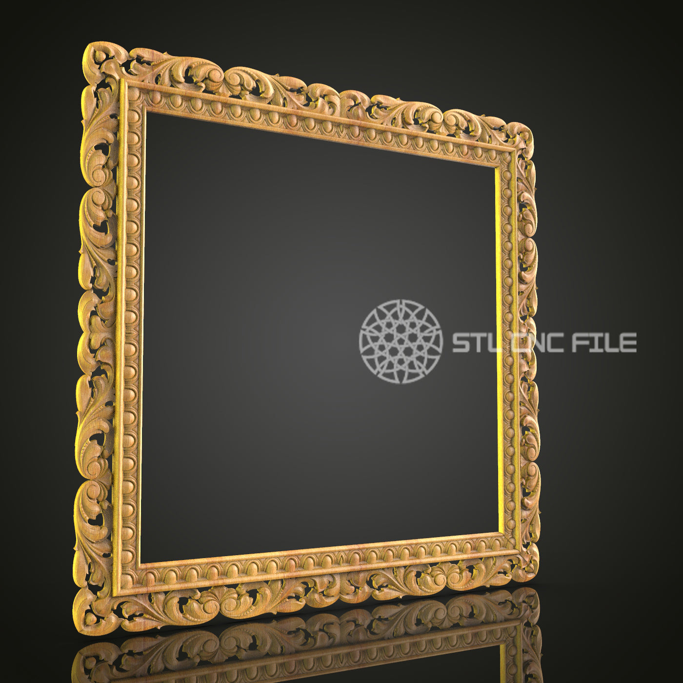 Golden Baroque Square Mirror Frame STL File, CNC Router Design for Opulent Decor
