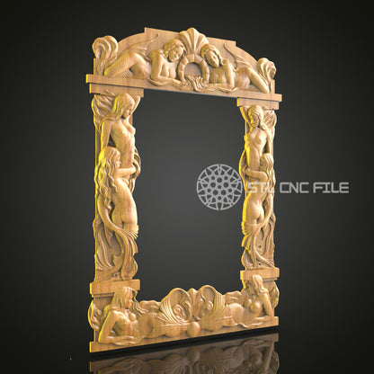 Mythical Sea Figures CNC Engraved Frame - Exquisite Wood Carving, Decorative Art Panel