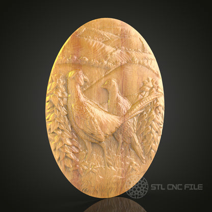 Rustic Pheasants Scene Wood Carving STL File for CNC