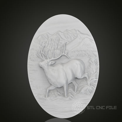 Mountain Elk Oval 3D Relief Art for CNC Router, Artcam, Aspire, Wall Decor, STL Model, Compatible with 3D Printers