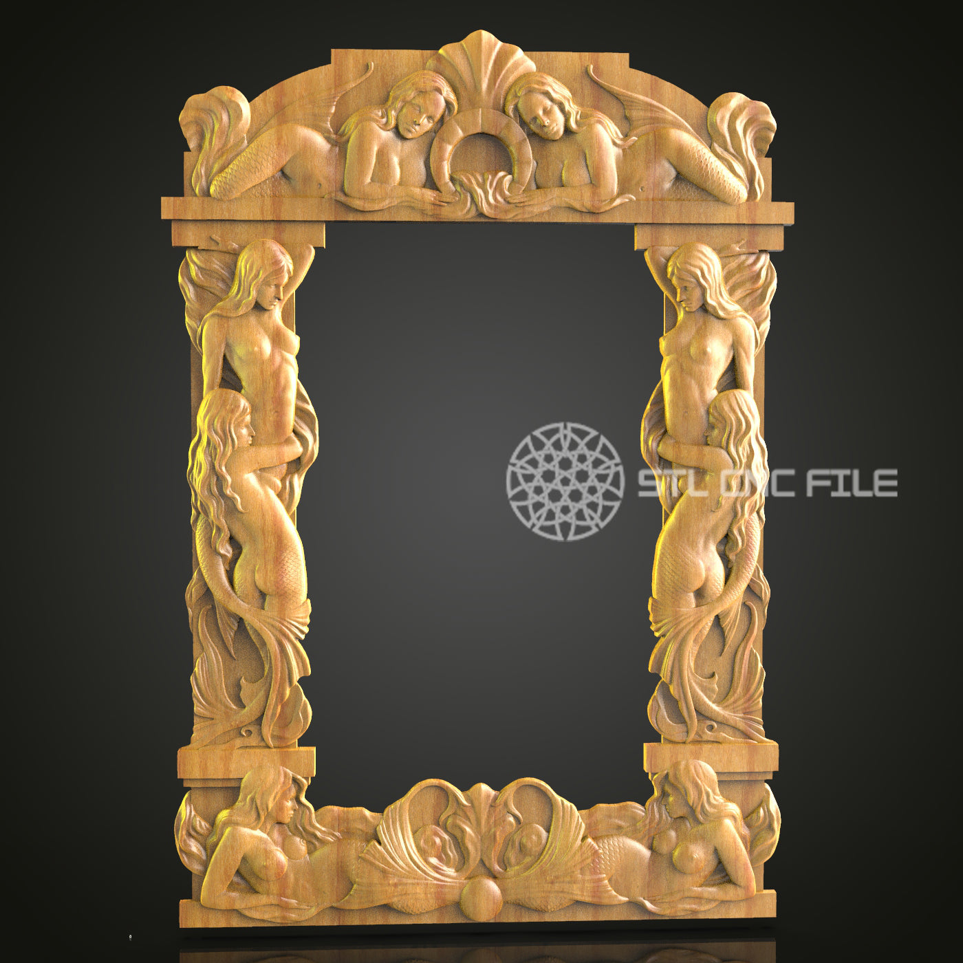 Mythical Sea Figures CNC Engraved Frame - Exquisite Wood Carving, Decorative Art Panel