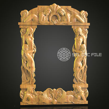 Mythical Sea Figures CNC Engraved Frame - Exquisite Wood Carving, Decorative Art Panel