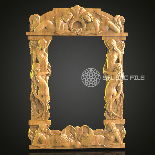 Mythical Sea Figures CNC Engraved Frame - Exquisite Wood Carving, Decorative Art Panel