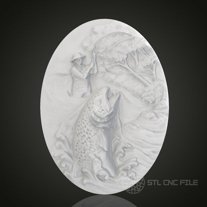 Fishing Scene Oval 3D Relief Art for CNC Router, Artcam, Aspire, Wall Decor, STL Model, Compatible with 3D Printers