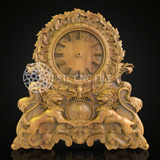 Regal Lion Mantel Clock STL Model, Intricate Wood Carving for CNC Router, Artcam, Aspire Files, Majestic Wall Decor, CNC Wood Art