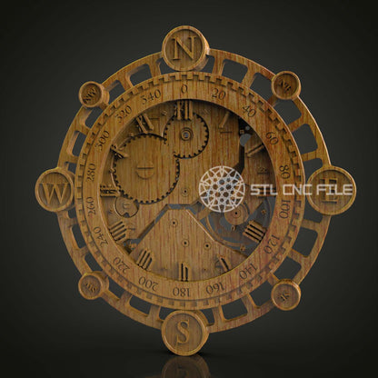 Maritime Compass Clock, STL Model, CNC Router Engraving File for Nautical Wall Art, Artcam Aspire Compatible, Wood Engraving