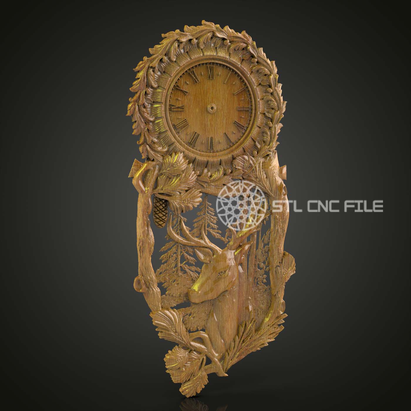 Forest-Themed Ornate Clock 3D Model for CNC Engraving