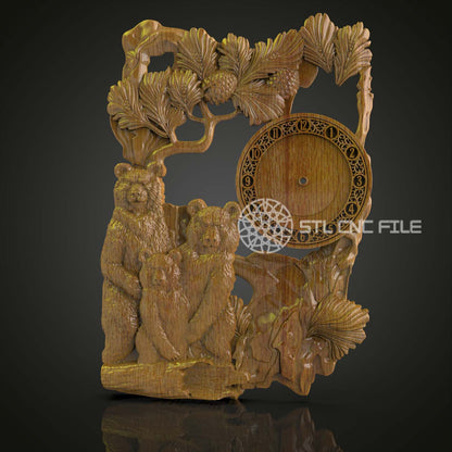 Forest Bear Family Clock STL Model, CNC Router Engraving File, Woodland Wall Art, Compatible with Artcam Aspire, Nature Inspired CNC Design